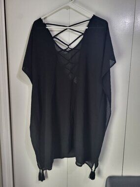 Kona Sol Womens LG Black Semi Sheer Beach Swimsuit Coverup Tunic Tassel Resort